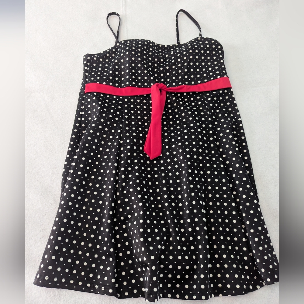 A Shore Fit Retro Black White Pink Bow Polka Dot Skirted Swim Dress, Size 10